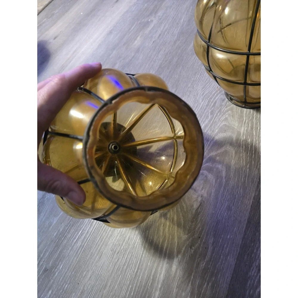 Set Of 2 Vintage Caged Glass Amber Blown Lamp Globe Shade Estate Find